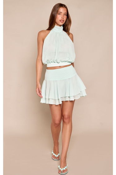 Baby Blue Chiffon Ruched High Neck Top Co-ord