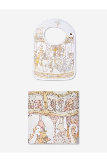 Baby Girls Carousel Swaddle And Satin Bib Gift Set in Pink