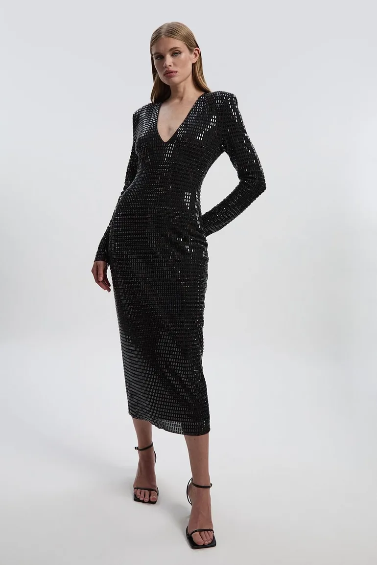 Premium Crystal Embellished Jersey Long Sleeve Plunge Neck Midi Dress Karen  Millen Black : Premium Dresses : VogaCloset Oman