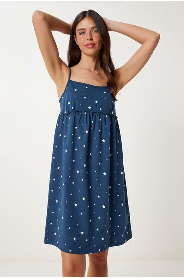 Women's Navy Blue Straps Soft Textured Cotton Knitted Nightgown Dress