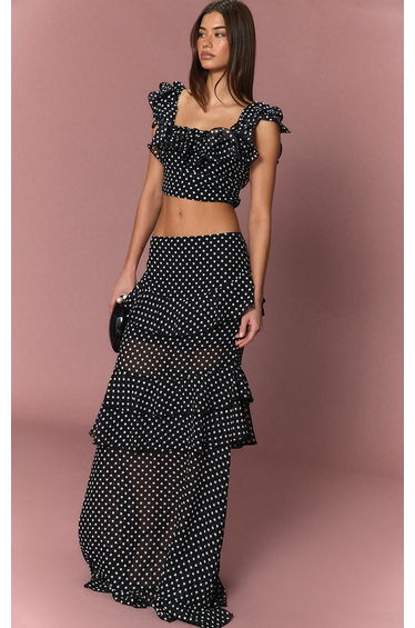 Black Chiffon Polka Dot Ruffle Crop Top