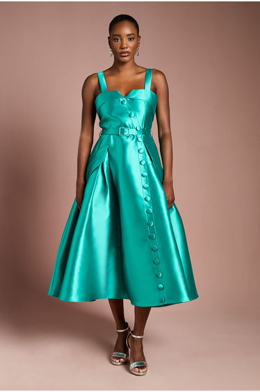 Twill Volume Belted Midi Dress