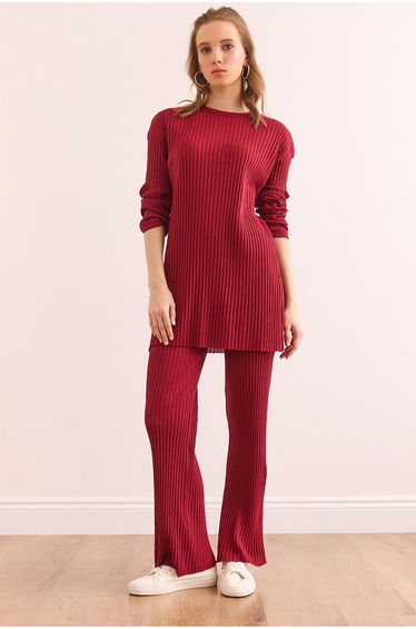 Women's Claret Red Top Slit Blouse Bottom Palazzo Corduroy Suit
