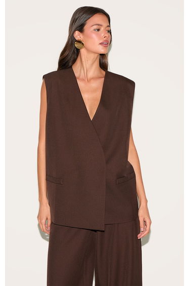 Chocolate Woven Collarless Oversized Shoulder Pad Waistcoat