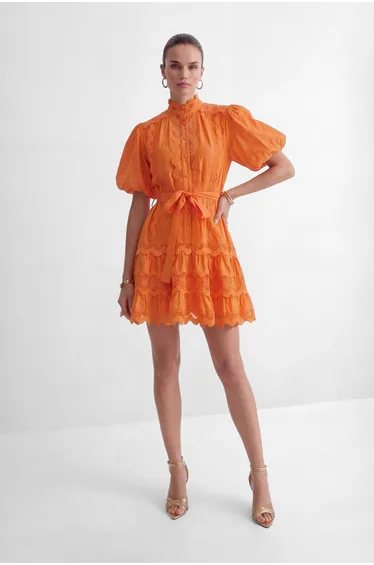 Gorgeous Essence Orange Lace Trim Tiered Mini Dress