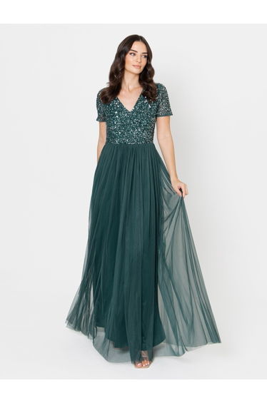 Maya Emerald Green Short Sleeve V Neckline Embellished Maxi Dress