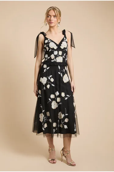 Tie Shoulder Floral Embellished Midaxi Dress