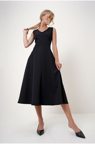 Women's Black Back Front V Neck Back Zipper Darted Midi Length Dress