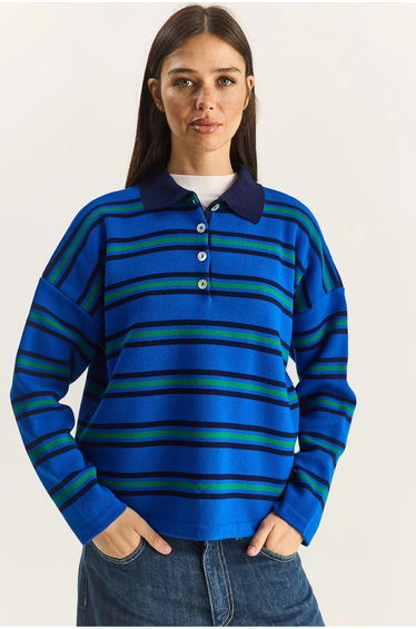 LUCCI Striped Polo Collar Button Sweater