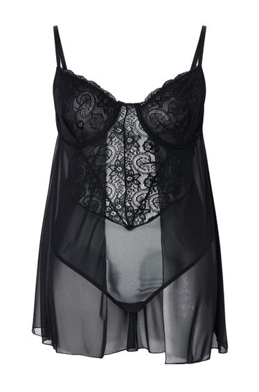 Black Snap Fastener and Tulle Detail Lace Cup-Free Thong Knitted Babydoll/Fantasy Nightgown