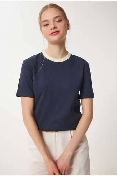 Women's Navy Blue Contrast Color Cotton Knit T-Shirt