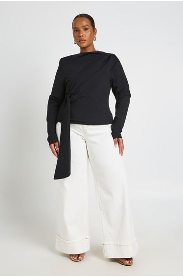 Plus Knot Tie Long Sleeve Top - black