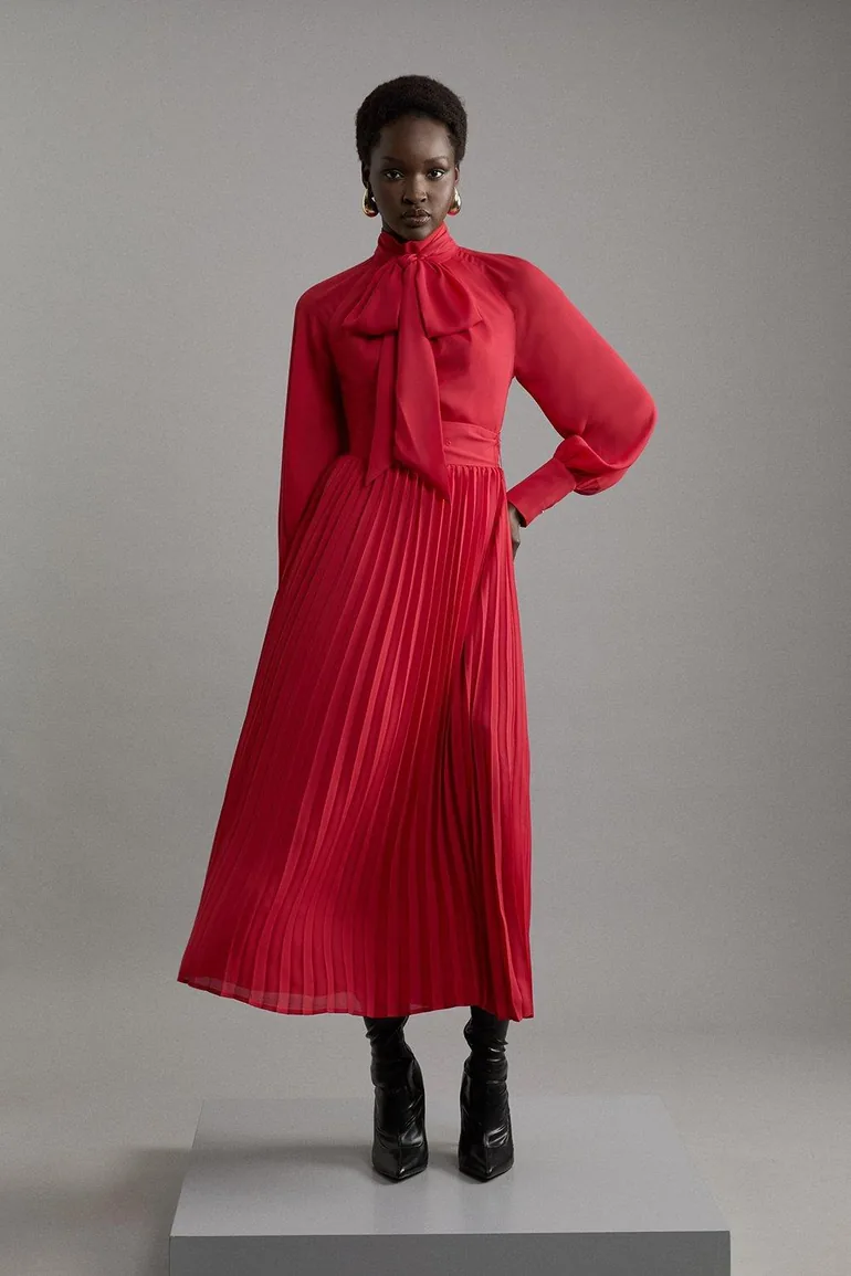pleated tie belt dress Tie Belt Surplice Pleated Dress