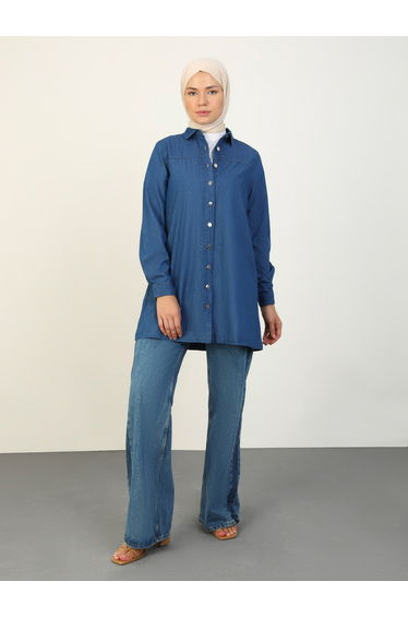 Blue Denim Buttoned Spread Collar Tunic