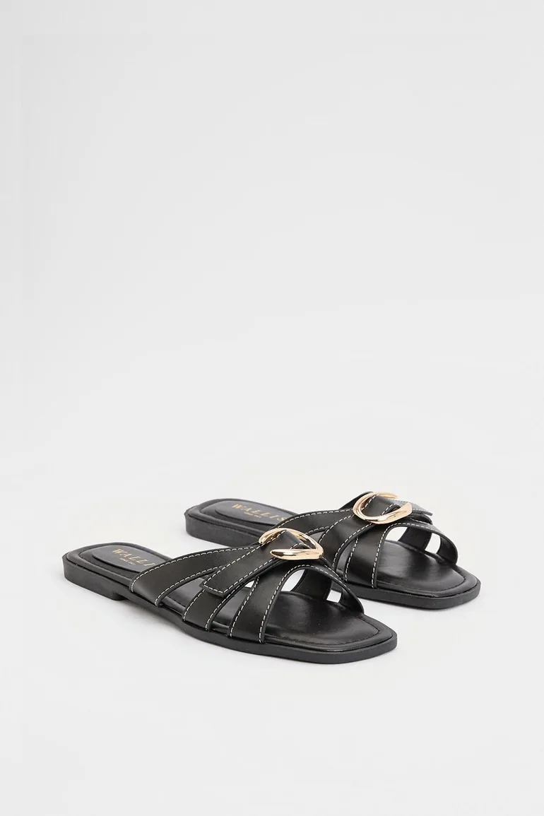 Becky Faux Leather Cross Strap Metal Detail Flat Sliders