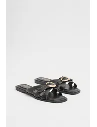 Becky Faux Leather Cross Strap Metal Detail Flat Sliders