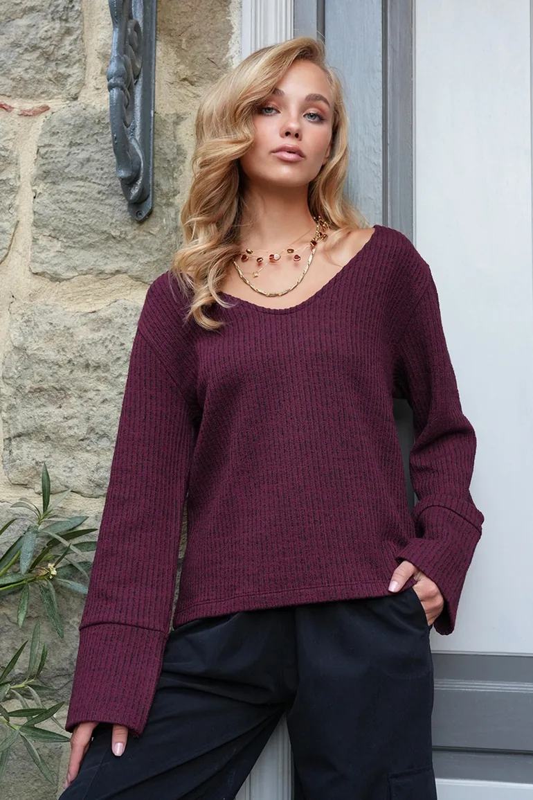 Women's Burgundy V-Neck Basic Blouse - 1