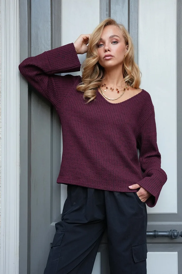 Women's Burgundy V-Neck Basic Blouse
