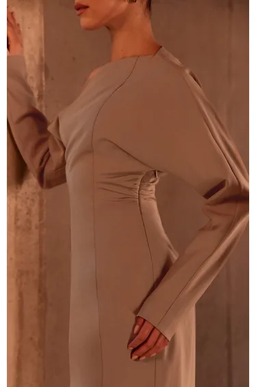 PLT Label Taupe Asymmetric Batwing Sleeved Cinched Waist Maxi Dress