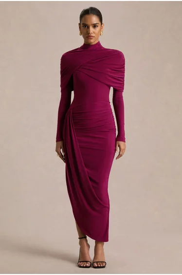 Aneira | Burgundy High-Neck Maxi Dress With Cape Sleeves