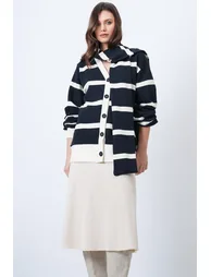 Women's Ecru Black Self-Shawl Detailed Color Block Knitted Long Cardigan - 1