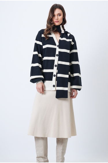 Women's Ecru Black Self-Shawl Detailed Color Block Knitted Long Cardigan