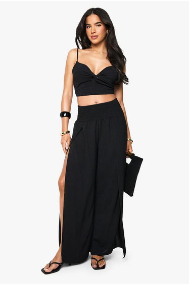 Knot Front Top and Wide Leg Trouser - black