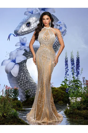 QOQ Beige Halter Neck Mermaid Dress