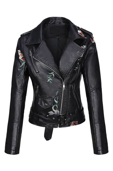 Black Floral Embroidered Biker Jacket