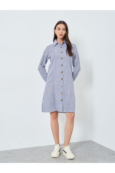 Striped Button Front Knee Length Shirt Dress