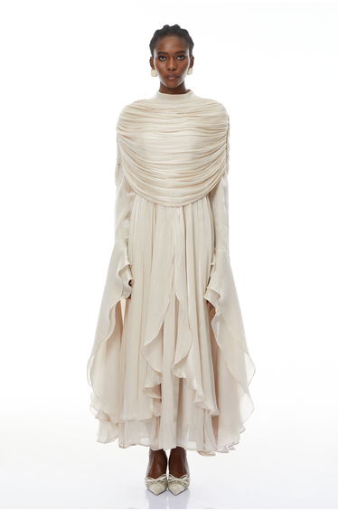 Gustave Neutral Ruched Cape Ruffled Maxi Dress