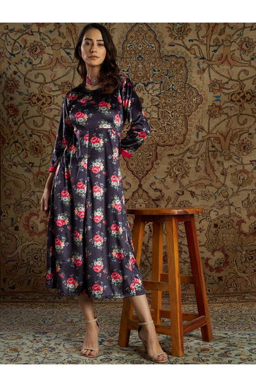 Velvet Floral Print Anarkali Midi Dress