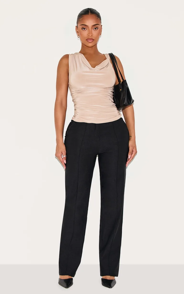 cigarette high waisted trousers Shape Black Stretch Woven High Waisted Pintuck Cigarette Trousers  Prettylittlething Black : Trousers : VogaCloset Oman
