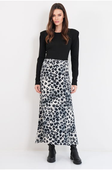 Women's Gray Leopard Patterned Zippered Midi Length Satin Skirt