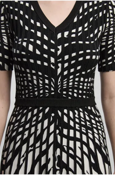 Petite Zebra Jacquard Knit Full Skirted Short Sleeve Midi Dress