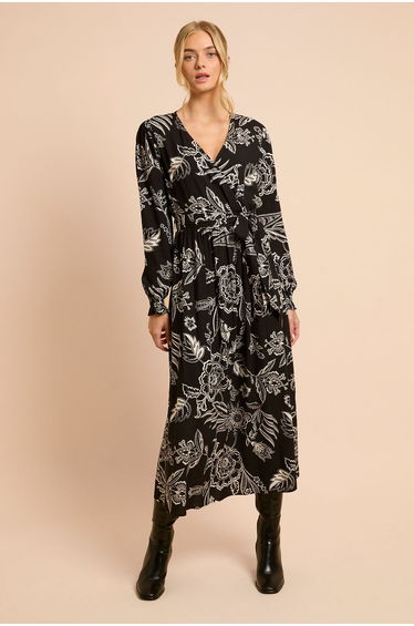 Mono Floral Printed Wrap Dress