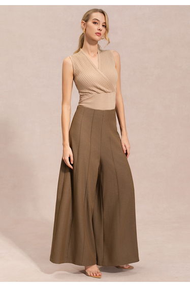 High-Waist Structured Wide-Leg Palazzo Pants in Brown for Sunset Walks & Oceanfront Dining