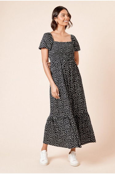 Short Puff Sleeve Spot Shirred Bust Maxi Dress