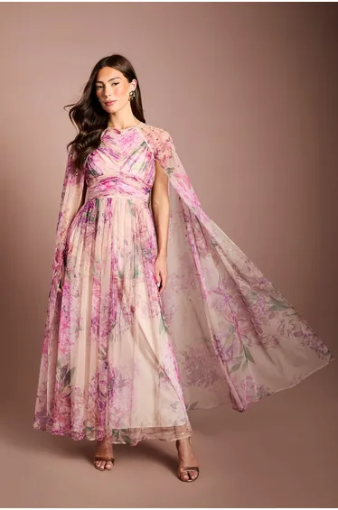 Petite Pleated Mesh Printed Cape Maxi dress With Gemstone