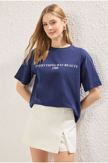 Navy Blue 100% Cotton Slogan Printed Relaxed/Wide Cut Knitted T-Shirt