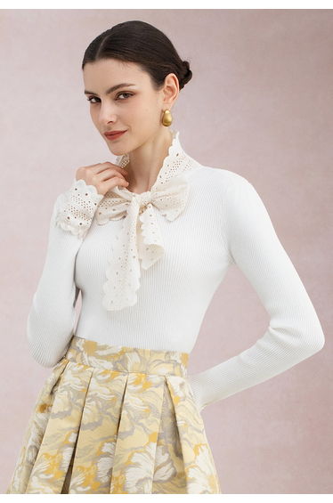 Embroidered Eyelet Bowknot Ribbed Knit Top in Cream