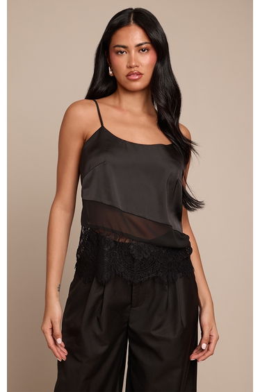 Black Panelled Asymmetric Satin Lace Cami