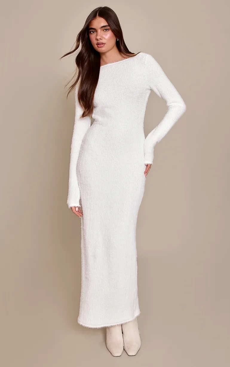 cream fluffy dress Pretty Lavish Curve fluffy tie waist knit midaxi sweater dress in cream