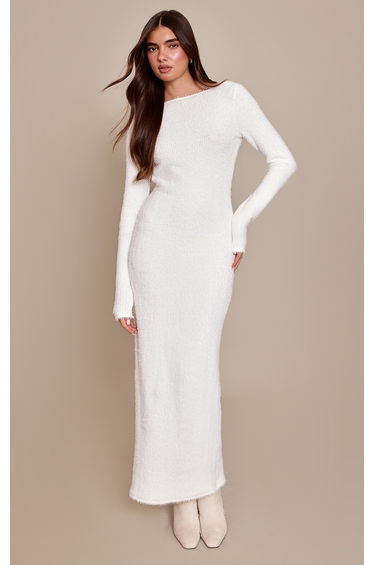 Cream Fluffy Scoop Back Maxi Dress