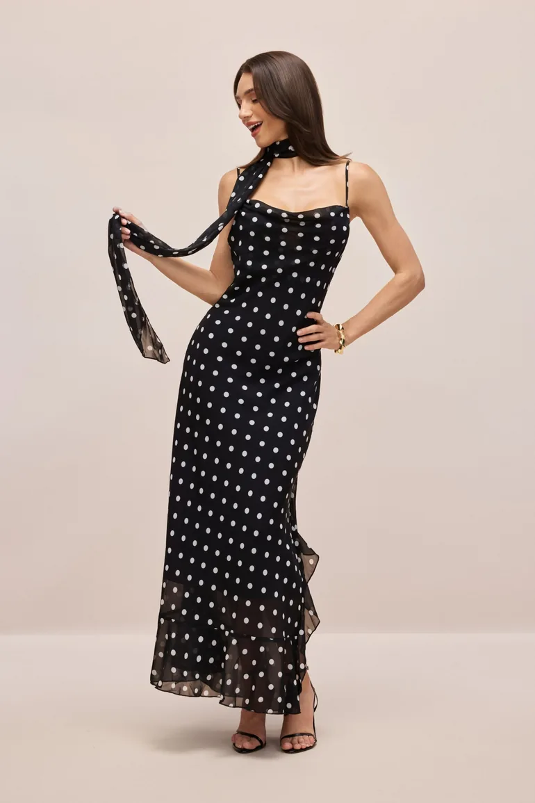 Veronica Polka Dot Ruffle Trim Maxi Dress with Scarf - 2
