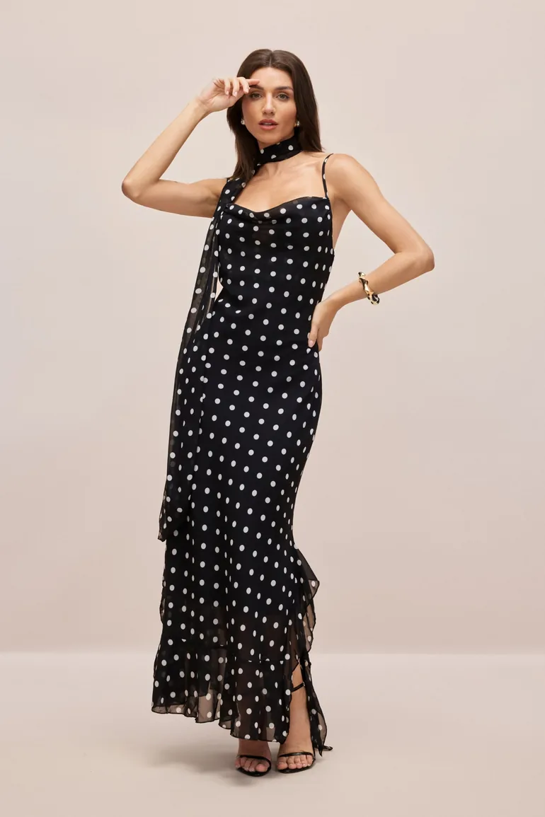 Veronica Polka Dot Ruffle Trim Maxi Dress with Scarf