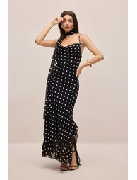 Veronica Polka Dot Ruffle Trim Maxi Dress with Scarf