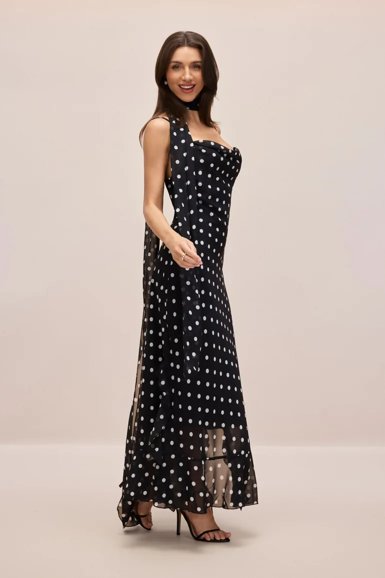 Veronica Polka Dot Ruffle Trim Maxi Dress with Scarf - 5