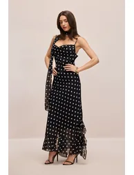 Veronica Polka Dot Ruffle Trim Maxi Dress with Scarf - 4