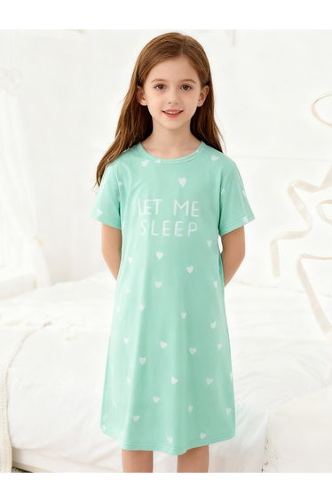 Girls Green Heart Print Short Sleeve Nightdress